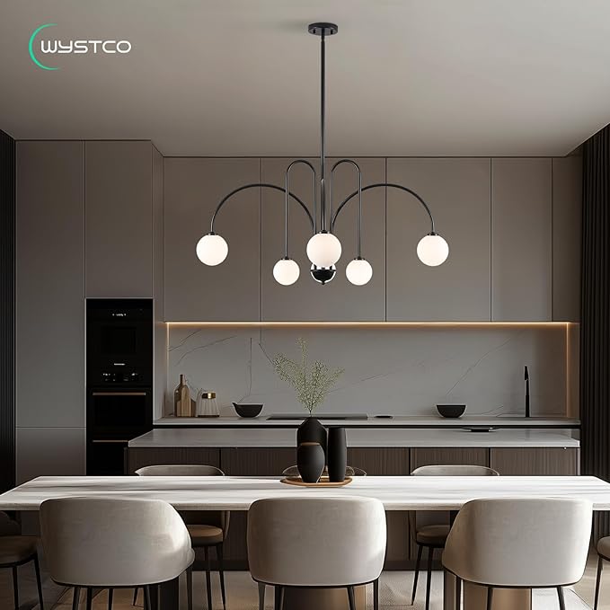 Modern Sputnik Globe Chandelier, 6-Light Black Linear Chandeliers for Dining Room and Kitchen Island, Mid Century Light Fixture Over Table, (Milk White Glass Bubble Shades, 40 Inch)