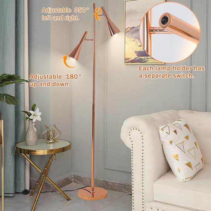 Modern Floor Lamp with 2 Adjustable Head Tall Pole Uplight for Living Room, Bedroom, Office,Rose Gold Corner Light for Reading,Standing Lamps with 2 Independent Switches