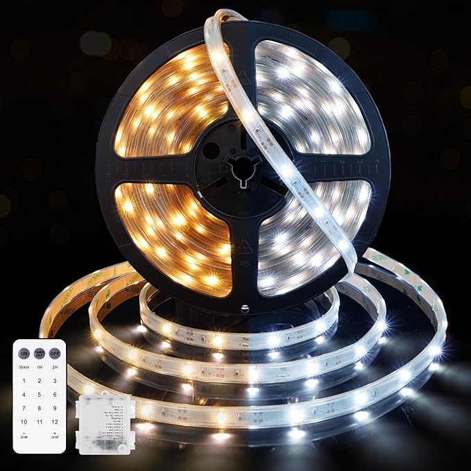 OMIKA 16.5ft 150LEDs Outdoor Battery Powered LED Strip Lights, 2700K-6000K Dimmable USB & Battery Powered LED Strip Lights with Remote, Waterproof,Timer, Cuttable for Kitchen,Garden,Pool (2 Pack)