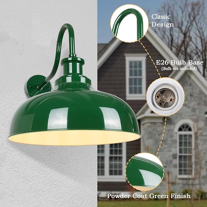 Outdoor Barn Light, 14 Inch Dome Rustic Outdoor Wall Sconce, Farmhouse Exterior Wall Mount Lighting Fixture, Industrial Green Wall Lantern for Porch, Entryway, Garage, RZ007M GR+WH
