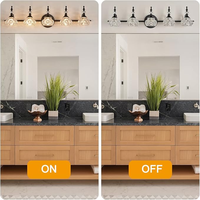 5-Light Vintage Bathroom Vanity Light, Black Bathroom Vanity Light Fixtures Painted Black Surface, Thick Crystal Glass Shade, Vintage Wall Sconce for Bathroom, Bedroom, Living Room