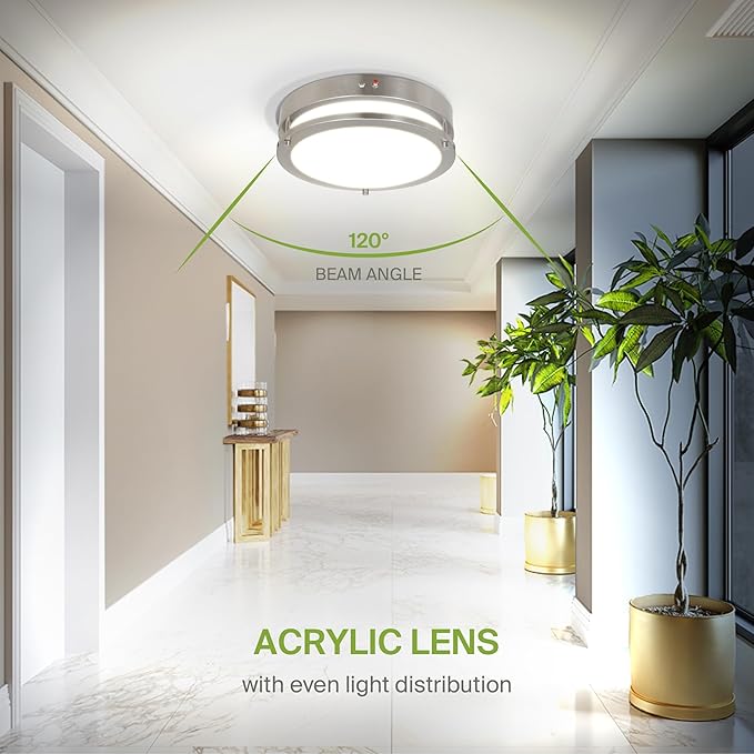 ASD LED 12" Round Flush Mount Lighting, Close to Ceiling Light Fixture | 3CCT, Dimmable, Battery Backup, ETL Listed | 20W 1850LM 3000-5000K 100-277V | Low Profile Double Ring Lamp | Nickel