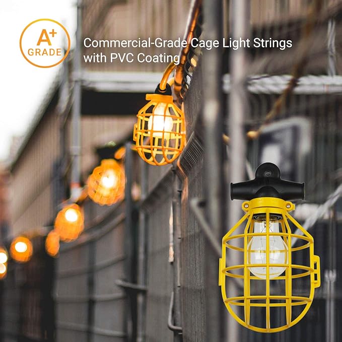 Sunlite Construction Cage String Lights, 50ft, 5 Medium Base Sockets (E26), 75W Max per Bulb (Bulbs Not Included), ETL Rated, Indoor/Outdoor Jobsite, Attic and Crawl Space Lights