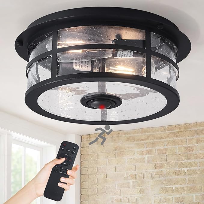 Upgraded Motion Sensor Outdoor Ceiling Light with Remote Control, Adjustable 4 Modes Sensor Dusk to Dawn 2-Light Exterior Light Fixture with Water Ripple Glass and for Porch,Patio,Garage
