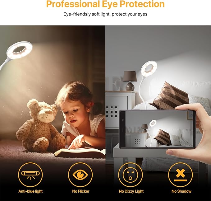 LED Desk Lamp with 3 Color Modes, Touch Control 30 LEDs Table Lamp, Stepless Dimming Reading Light,360° Flexible, Rechargeable Portable Eye-Caring Sleep Aid for Dorm Study Office Bedroom, White
