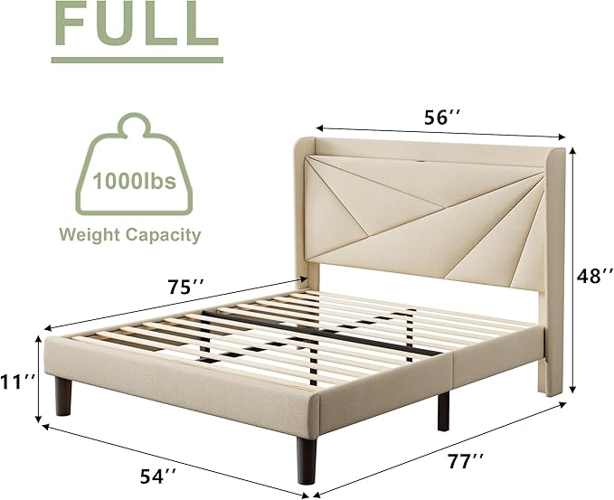 Feonase Full Size Bed Frame with Charging Station, Upholstered Linen Bedframe with Wingback Headboard, Solid Wood Slats Support, Noise Free, No Box Spring Needed, Beige