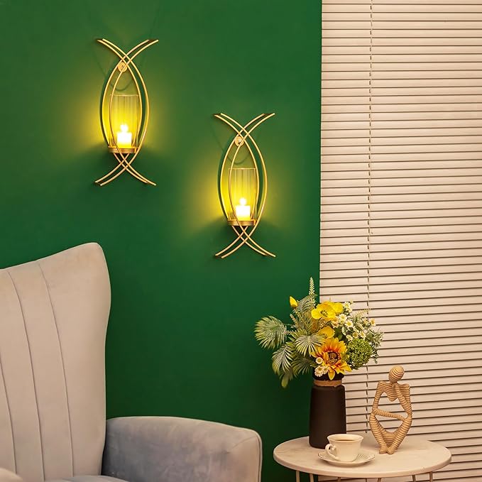 Sconces Wall Decor Set of 2 Hurricane Candle Holder - Modern Decorative Candle Wall Sconce Golden Metal Wall Mount Gold Decorations for Living Room Bedroom Bathroom Hallway Outdoor