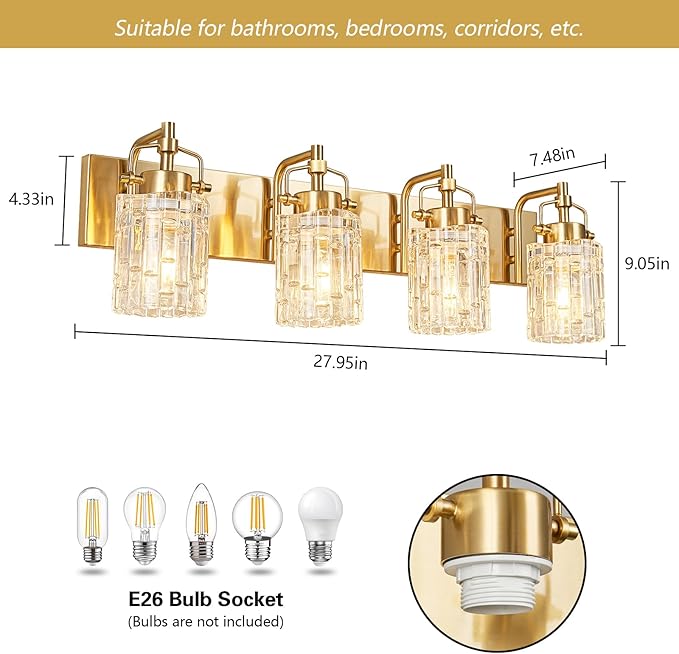 Modern 4-Light Vanity Light with Crystal Glass Shade - Gold Bathroom Light Fixture