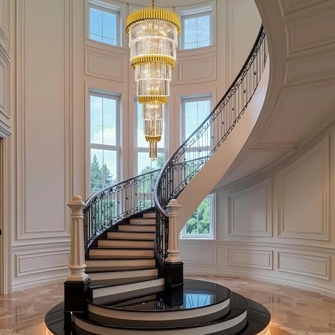 Large Crystal Chandelier Modern 32-Inch Gold Round Foyer Light Fixture 19-Light 7-Tier Luxury K9 Crystal Chandelier for High Ceilings Living Room, Staircase and Entryway