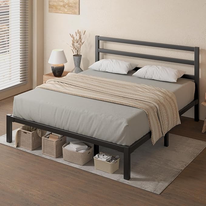 King Size Bed Frame, Metal Platform Bed Frame with Headboard, Mattress Foundation with Spacious Underbed Storage, No Box Spring Needed, Easy Assembly, Modern, Black