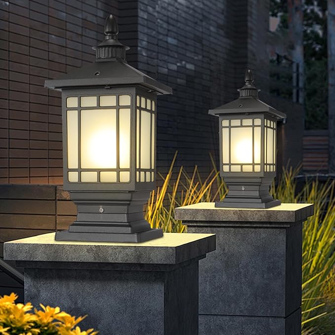 Outdoor Column Lights, Outdoor External Patio Landscape Glass Post Lantern E26 Fixture Traditional Waterproof Garden Post Light Aluminum Modern Fence Pillar Lamp