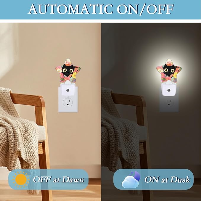 Black Cat Night Light,Flowers Plug-in Night Light Auto Dusk-to-Dawn Sensor Energy Efficient Led Lamp for Room Decor,Hallway,Kitchen,Bathroom,Plug-in,Decor Desk Lamp Gifts