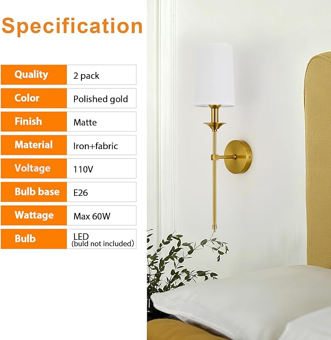 PASSICA DECOR Hardwired Wall Sconces Set of 2 Candle Glod Wall Light for Bedroom Living Room Vanity Hallway Farmhouse Bathroom Sconce