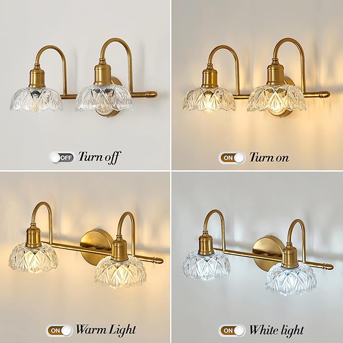 UOFUS Vintage Bathroom Light Fixtures Gold Bathroom Vanity Light Matte Antique Brass 2-Light Wall Sconces Lighting for Bedroom Living Room Hallway