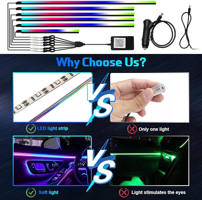 Dreamcolor Interior Car Lights, WEBUPAR Car Accessories 6 in 1 Car LED Strip Lights with APP Control and 213 Modes, 175 inches 593 LEDs Acrylic Fiber Optic Lights, RGB Neon Car Lighting