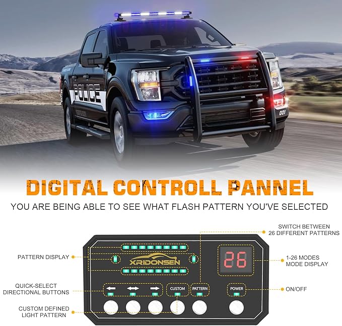 XRIDONSEN 37" 104 LED Roof Top Blue White Emergency Magnetic Police Firefighter Traffic Advisor Strobe Light Bar Warning Flashing Safety Lights w/Controller for Vehicles POV Trucks