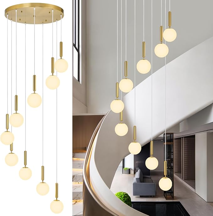 9-Lights Gold Chandelier with Milk White Glass Mid Century Modern Globe Pendant Light for Foyer Living Room Entryway Hallway