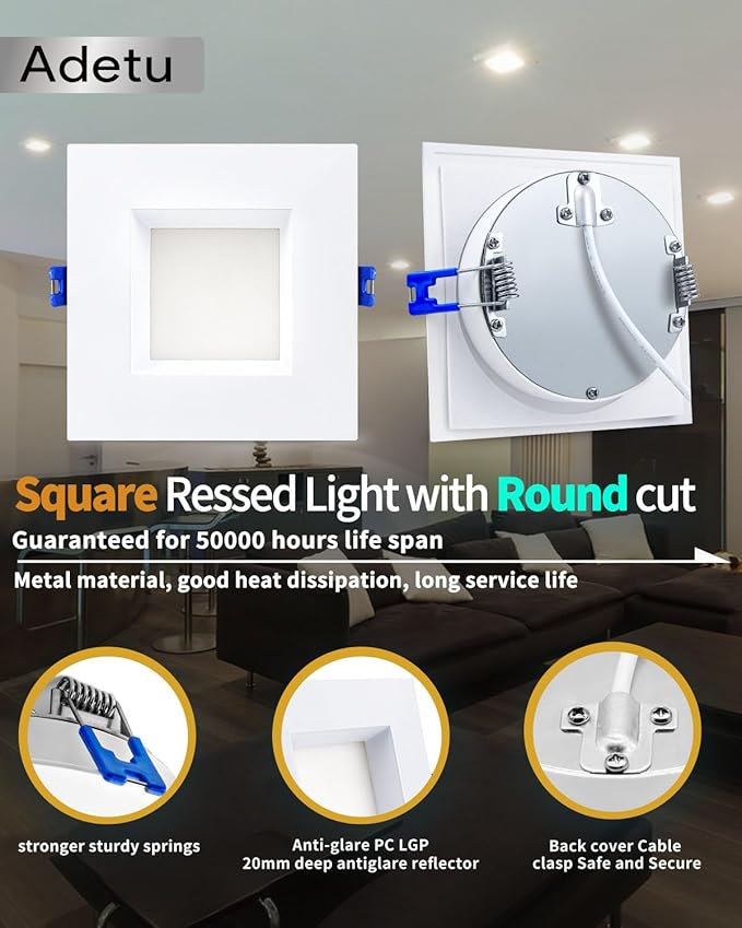 Adetu 4 Inch Anti-Glare LED Downlight,Dimmable Ceiling Light with 5CCT Reset,Selectable from 2700K to 5000K - 12W 1080LM, ETL Certified (White, 1 Pack Square)