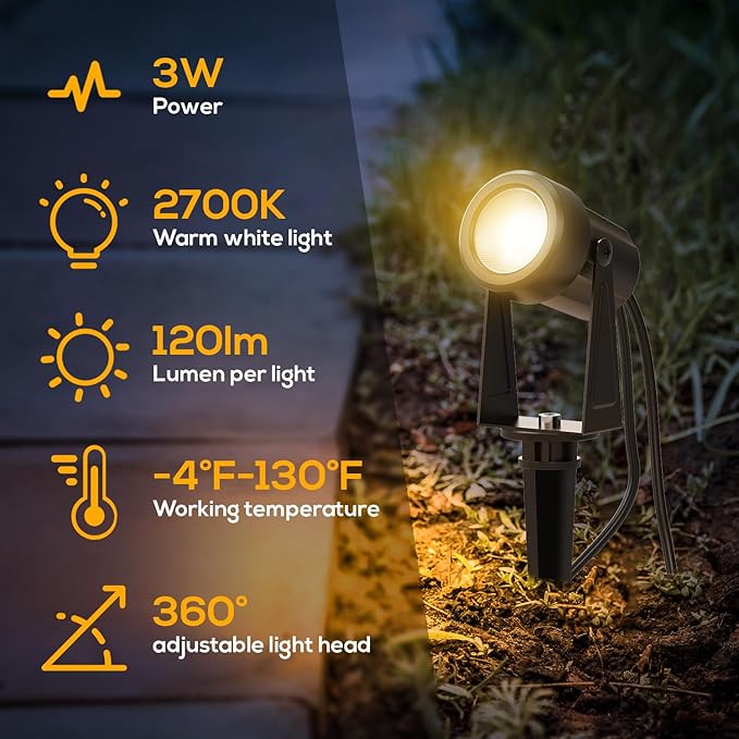 Banord Outdoor Landscape Lighting, 6 Pack Outdoor Spot Lights, Low Voltage LED Landscape Lighting with Transformer for Yard, Plant, Lawn, Garden, IP65 Waterproof & 2700K Warm White