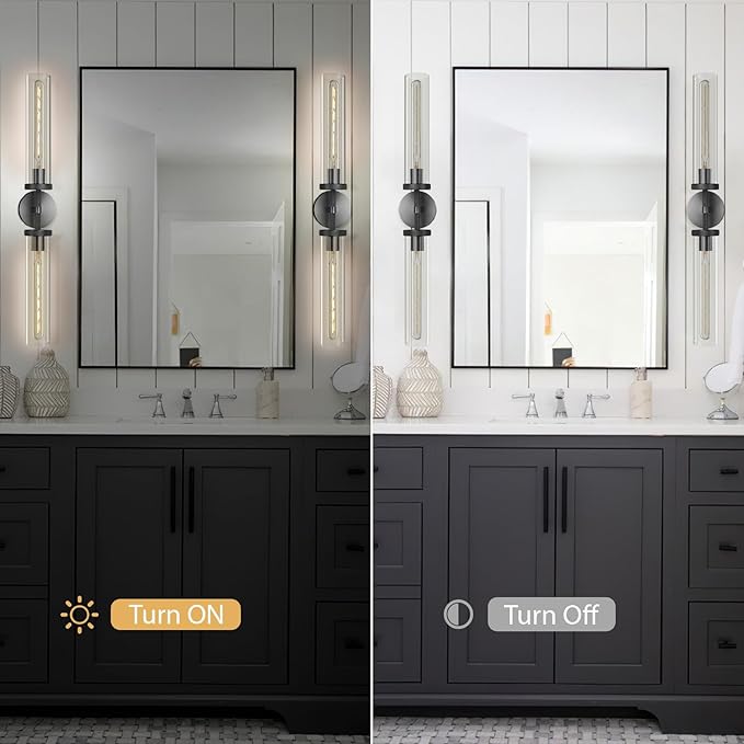 Black Wall Sconces Set of Two, 30" Modern Wall Lighting, Double Lights with Clear Glass Tubes, Knurled Vanity Light for Bathroom, Living Room, Bedroom, Hardwired (Including Bulb)
