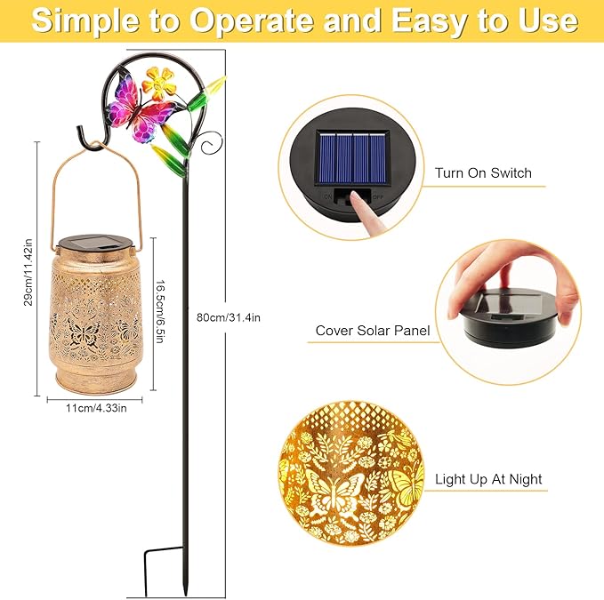 Solar Lanterns Outdoor Butterfly Garden Decor, Christmas Gifts for Women Mom Grandma, Waterproof Metal Hanging Solar Lights LED Decoration with Shepherd Hook Outside for Yard Patio Lawn Porch