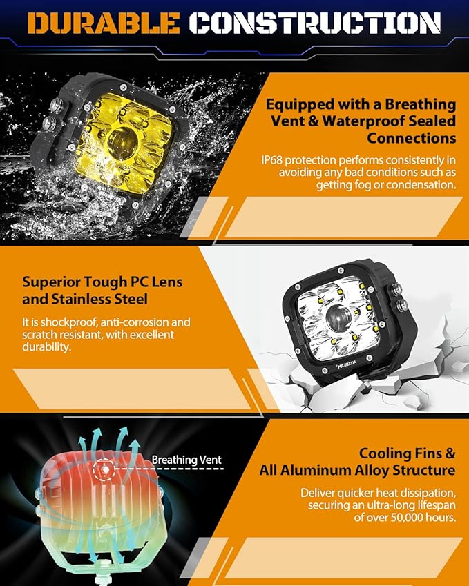 Auxbeam XP-Ultra Series 5" 110W LED Pod Lights, Hyper Spot Beam, Amber White Cube Offroad Lights, Dual Color Lens Covers, Off-Road Amber Fog Spotlight, Pair