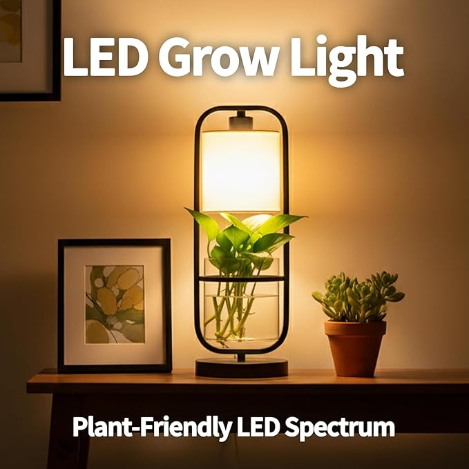 Hydroponic Planter Lamp with Grow Light, Modern Glass Light for Indoor Plants, LED Lamps, Home Office Decor, Gift for Plant Lovers (White)