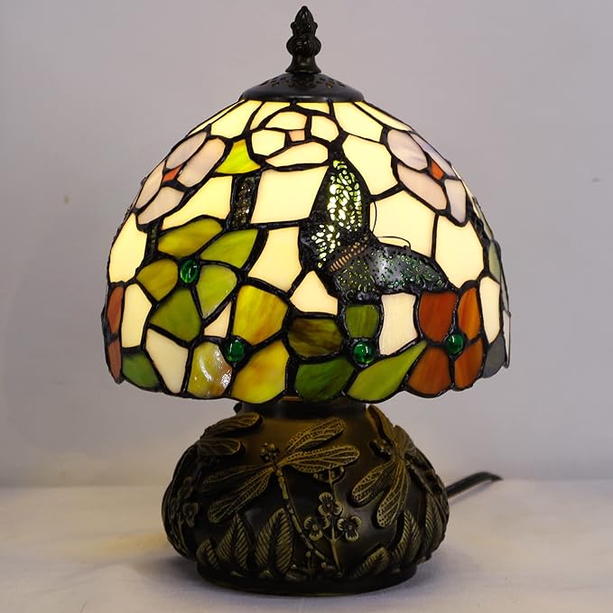 Small Tiffany Table Lamp Stained Glass Desk Lamp 8X8X11 Inch Accent Antique Light (Butterfly Flowers)