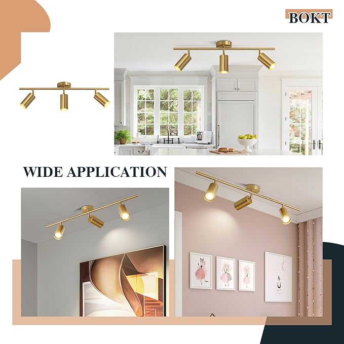 BOKT Brushed Brass Gold 3-Lights LED Adjustable Track Lighting Kit Mid Century Modern 3 Way Flush Mount Ceiling Spotlight Kitchen Track Ceiling Light Fixture