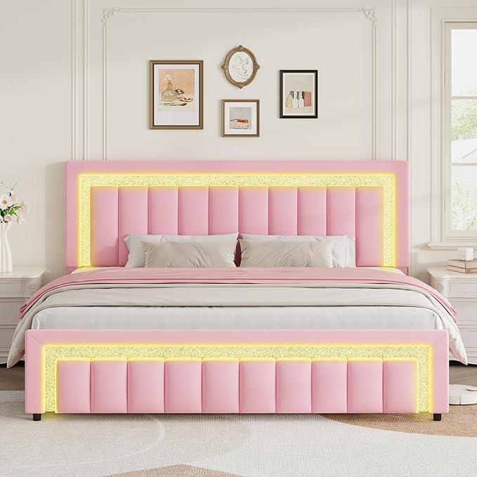HOMBCK Bed Frame King with LED Lights and Velvet Upholstered Headboard, King Size Bed Frame with Modern Diamond Headboard Adjustable, Wooden Slats Support, Noise Free, No Box Spring Needed, Pink