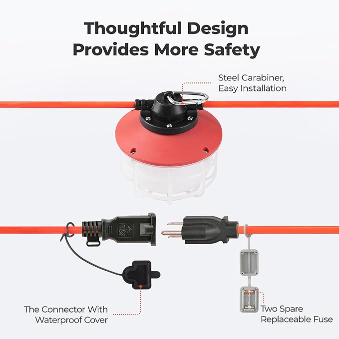 Construction String Lights:75W 50FT 3 Prong Linkable Super Bright LED String Work Lights for Construction Sites Temporary Work Jobsite IP65 Waterproof 18AWG Wire Work Light with Cage