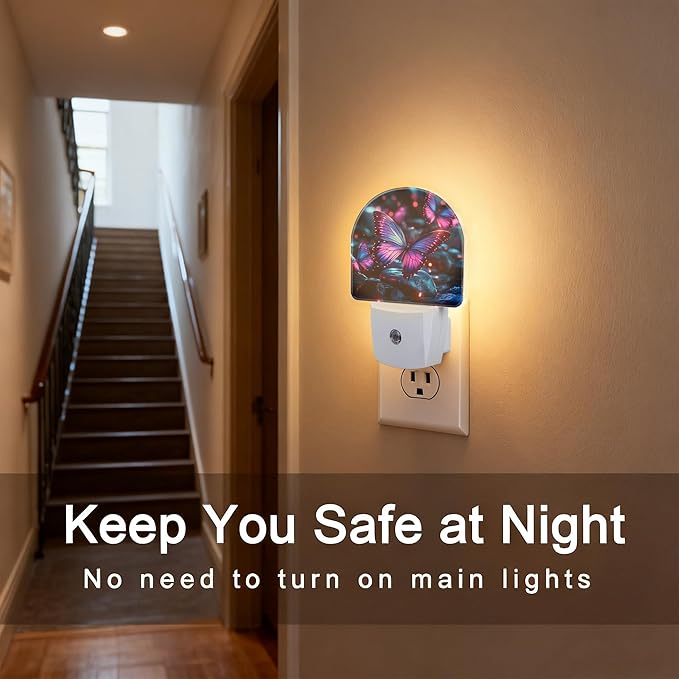 Glowing Purple Butterfly Night Light, Dusk-to-Dawn Auto Sensor Plug in Night Light for Kids, 0.5W Energy Saving LED NightLights for Bedroom/Bathroom, Ideal Gifts for Women Men