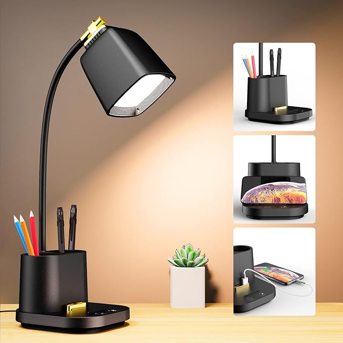 LED Desk Lamp with USB Charging Port Touch Control 3 Color Modes, Stepless Dimming,Eye-Caring LED Table Lamp for Home,Office,Bedroom,Reading,Work,Study,Gooseneck Lamp, 5V, 2.4A