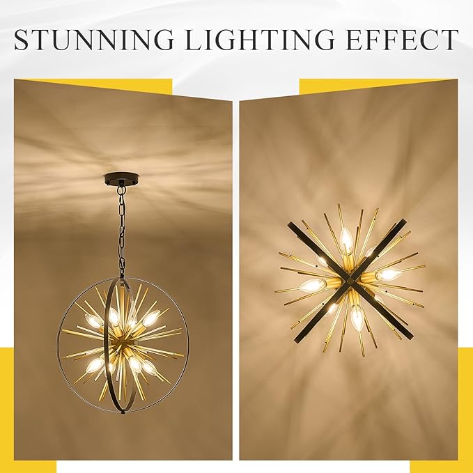 Modern 18" Globe Sputnik Chandelier 8-Light Black Gold Mid Century Ceiling Firework Pendant Light Fixture for Hallway Entryway Bedroom Kitchen Dining Living Room