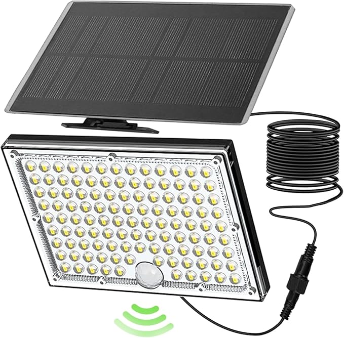 113 LED Solar Motion Light with 9000K Cool White, IP65 Waterproof, 5M Wire, Wide-Angle PIR Sensor, auto on/Off, Easy Install, Perfect for Yard, Patio, Porch, Wall, and Garden. 2-Year Warranty.