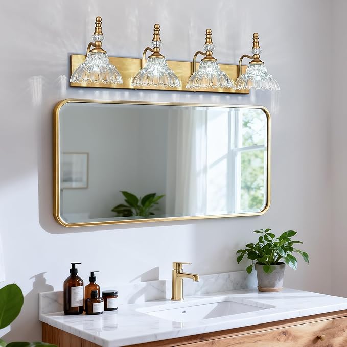 Vintage Bathroom Vanity Light, 4-Light Brass Vanity Lighting Fixture with Flower Glass Shade, Bathroom Lighting Fixtures Over Mirror