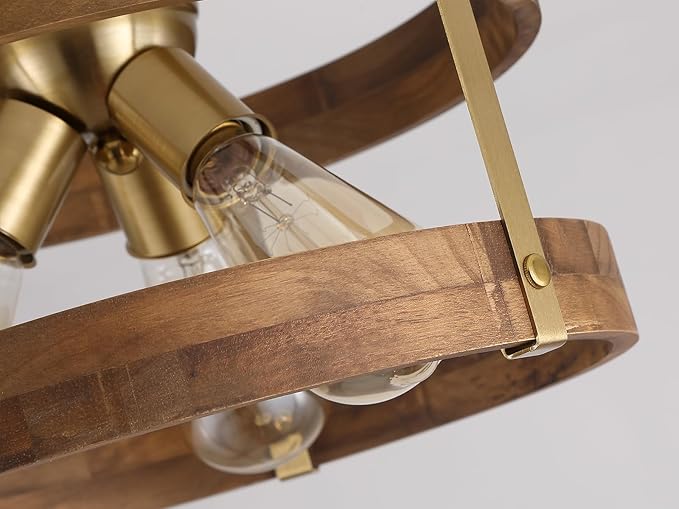 3-Light Rustic Farmhouse Wood Flush Mount Ceiling Light Fixture 12.59 inch Oak Wood and Metal Round Drum Semi Flush Mount Ceiling Light for Hallway Entry Bedroom Kitchen Hall Farmhouse, Antique Gold