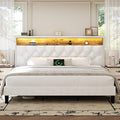 HOMBCK King Size Bed Frame with LED Lights and Storage Headboard, Velvet Upholstered Bed Frame King with Charging Station, Modern Diamond and Rivet Design, No Box Spring Needed, Easy Assembly, Beige