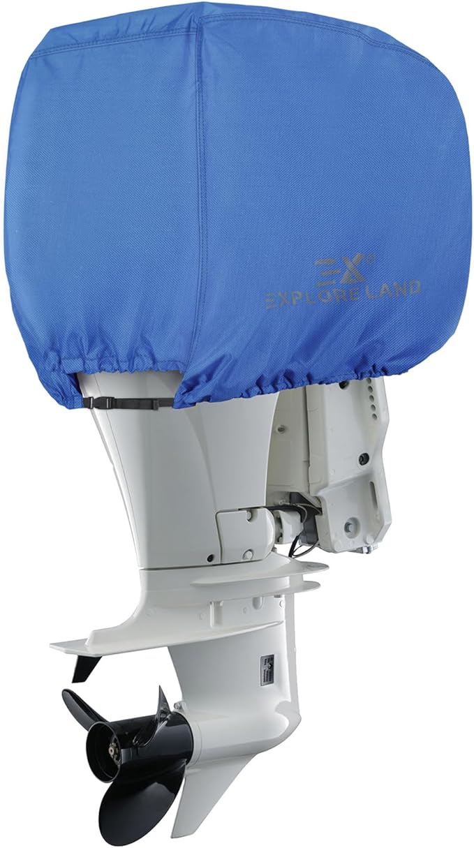 Explore Land Outboard Motor Cover - Waterproof 600D Heavy Duty Boat Engine Hood Covers - Fit for Motor 225-300 HP, Blue