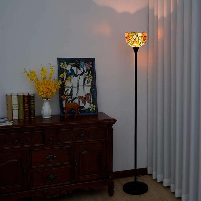 Tiffany Floor Lamp Tochiere Standing Lamp Yellow Sunflower Style Stained Glass Floor Light Vintage Tall Pole Uplight Corner Lamp with Foot Switch for Home Decor Living Room Bedroom