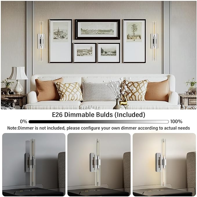 Nickel Wall Sconces Set of Two, Brass 22.8" Sconces Wall Lighting,Bathroom Vanity Lights with Clear Glass Shade for Mirror, Living Room, Bedroom, Hallway, Fireplace, Staircas（Including Bulb）