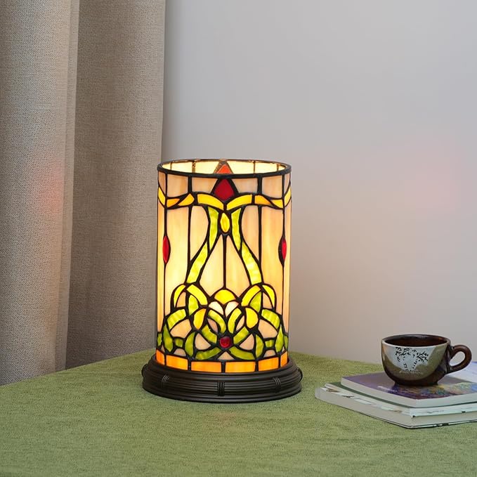 Tiffany Style Stained Glass Matam Table Lamp Living Room Bedroom Bedside Flower Vase Decor Small Night Light Cute Kids Accent E12 Led Cottage Aesthetic Nightstand Cylinder Vintage Desk Lamp