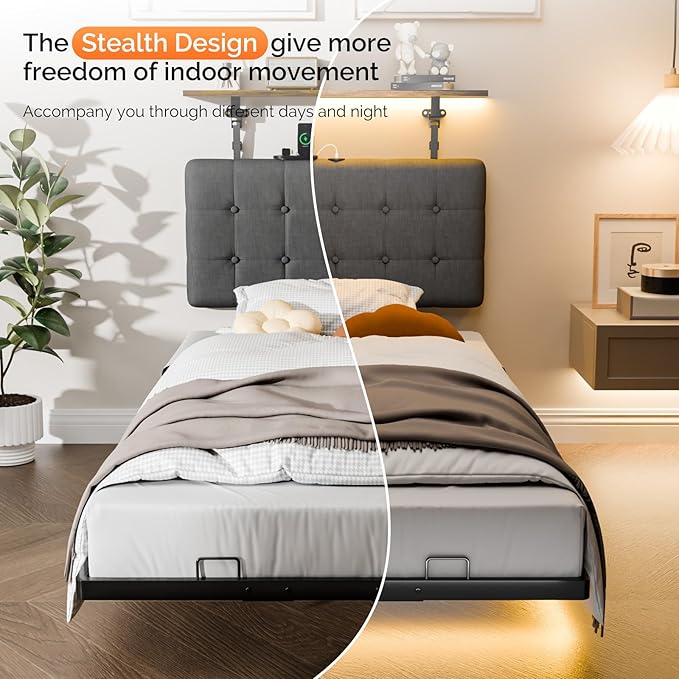 VINGLI Twin Size Floating Metal Bed Frame with LED& Charging Station Hanging Linen Headboard,Comfortable Cushion,10'' Platform Bed for Kids Teens Adults, No Box Spring Needed, Dark Gray