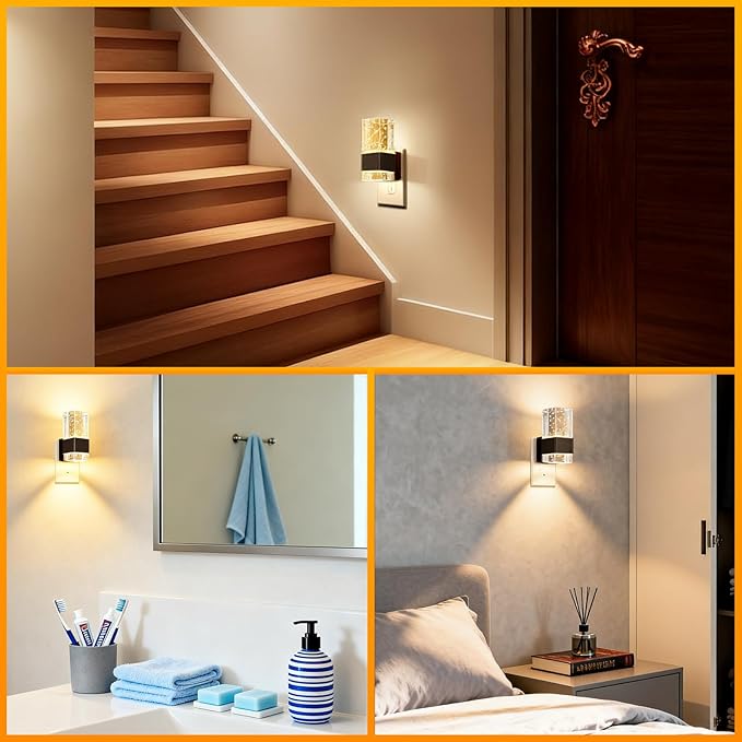 LED Night Light with Bubble Acrylic Design, Gold and Clear, Metal, Dimmable, Dusk to Dawn Sensor, 3 Color Temperatures, Modern Style, Plug-in for Bathroom, Bedroom, Hallway, 2-Pack (Black)