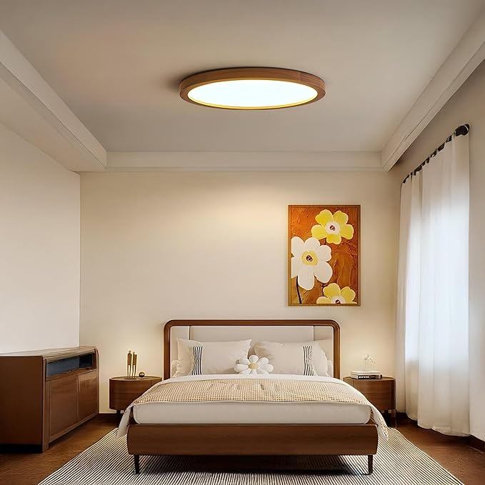 Ultra-Thin LED Ceiling Light Fixture 16.53", Handcrafted Walnut Wood Modern Wabi-Sabi Style, Slim 2.5cm Profile, 37W LED 3000K-4000K-6000K, Round Minimalist Lamp for Bedroom Kitchen Hallway