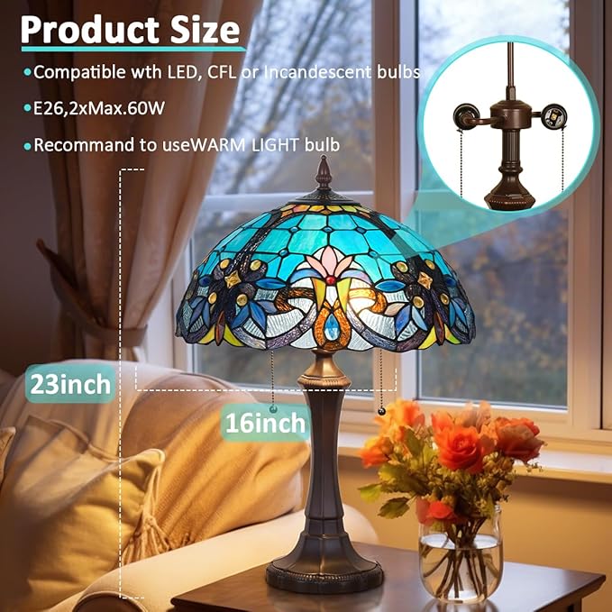 Tiffany Table Lamp,Stained Glass Table Light for Reading,Victorian Style 16 inch Large 2-Lights Antique Desk Lamp for Living Room Bedroom Study Office