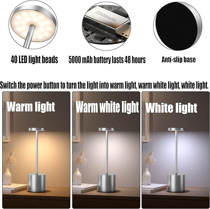 2Pack Cordless Table Lamp, Rechargeable LED Battery 5000mAh Metal USB Portable Powered Desk Lamp, 3 Levels Brightness Light for Restaurants Outdoor (2pack 10.25in Silver)