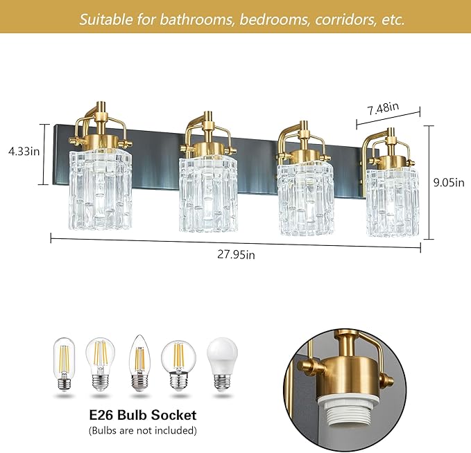 Modern 4-Light Vanity Light with Crystal Glass Shade - Black Gold Bathroom Light Fixture