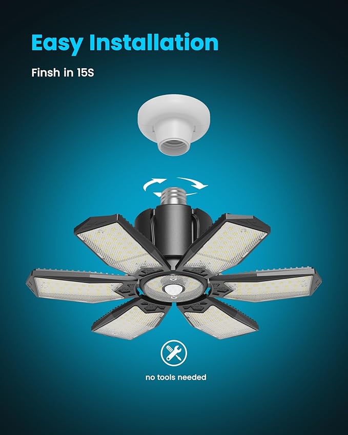 Motion Sensor Garage Light 200W 20000LM, Deformable LED Ceiling Light with Remote Control & Timer Setting - 6500K Motion Activated Light Indoor Bulb for Basement/Workshop