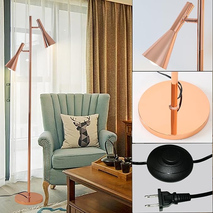 Modern Floor Lamp with 2 Adjustable Head Tall Pole Uplight for Living Room, Bedroom, Office,Rose Gold Corner Light for Reading,Standing Lamps with 2 Independent Switches